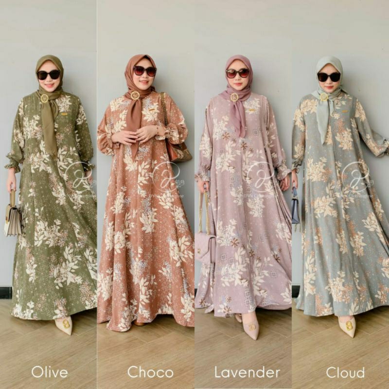 DYN Sely Dress Crinkle Bunga-bunga Gamis Kondangan Kekinian