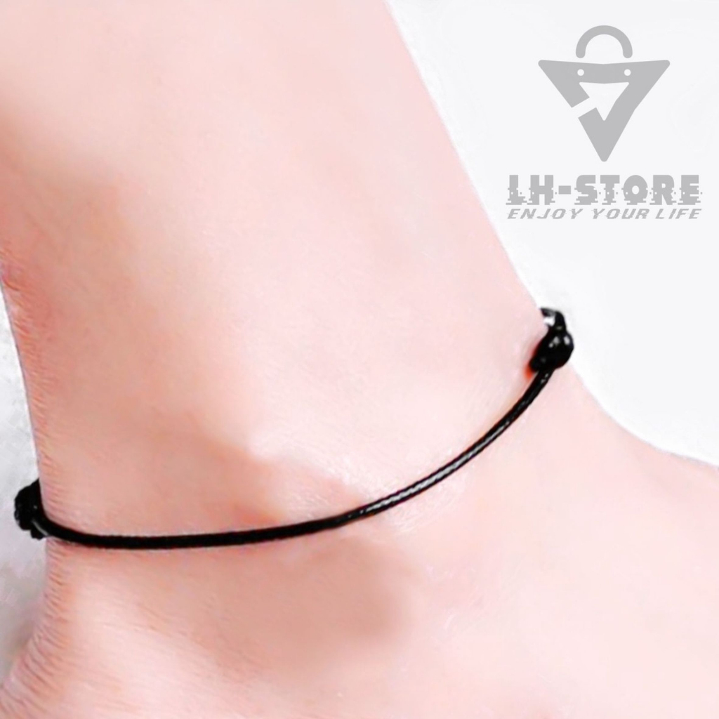 GELANG KAKI TALI KULIT HITAM POLOS PRIA &amp; WANITA BISA DI TARIK ULUR