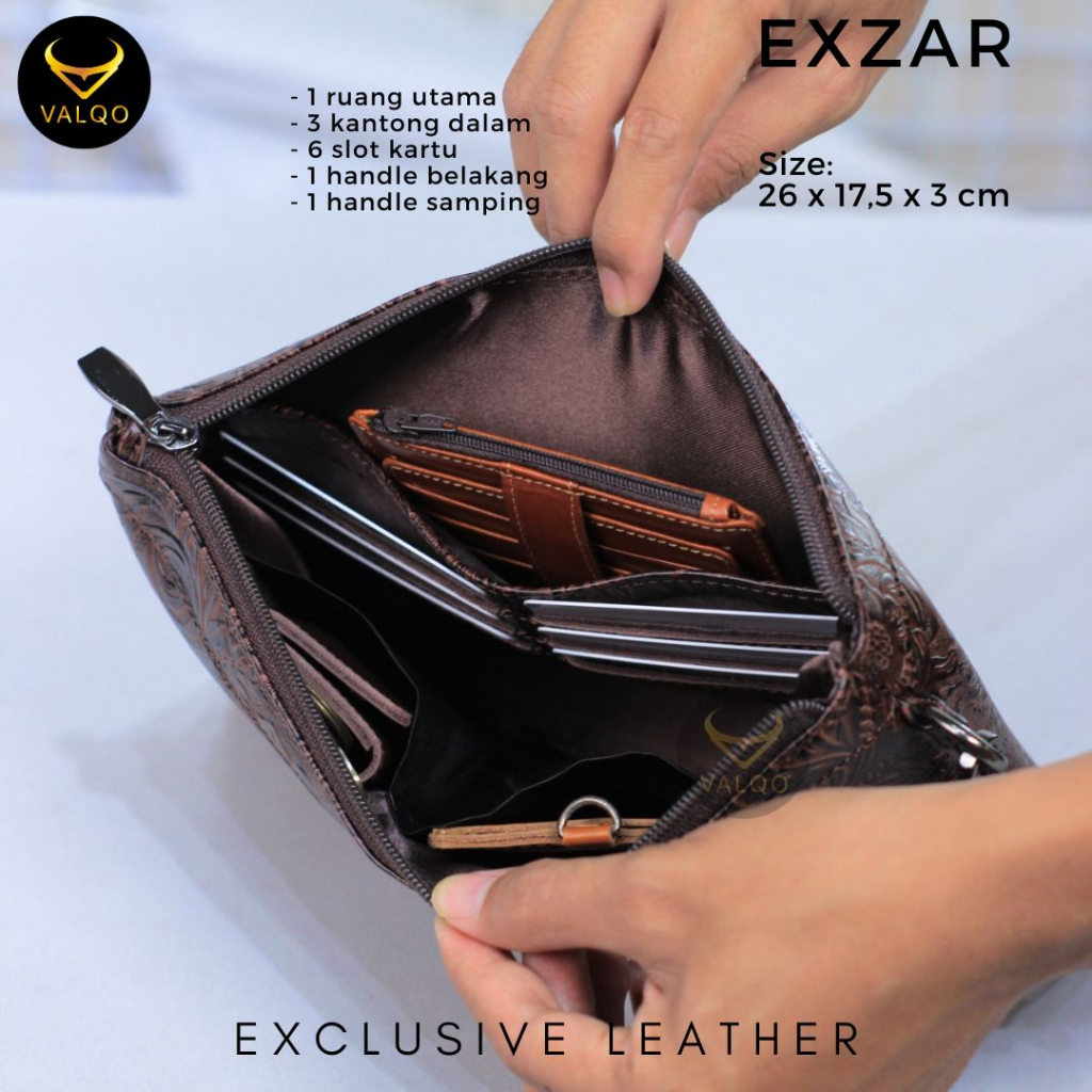 [VALQO] EXZAR Clutch kulit Sapi Pouch Kulit Handbag Wanita Pria 6 Slot Kartu Tas Tangan