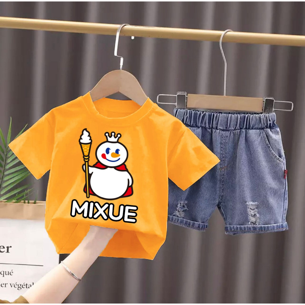 SETELAN ANAK LAKI LAKI PEREMPUAN UMUR 1-5 TAHUN MOTIF MIXSUE BAJU KAOS BAHAN KATUN CELANA PENDEK BAHAN DENIM SETELAN ANAK TERBARU