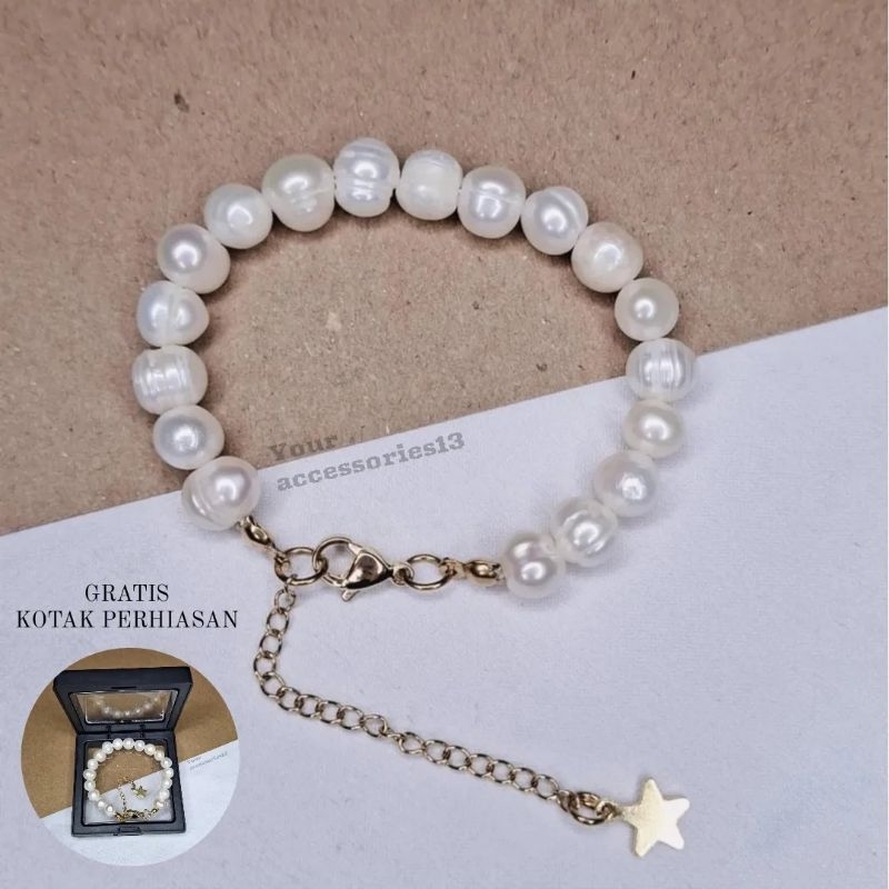 Gelang Mutiara Air Tawar Putih 12mm Gelang Wanita