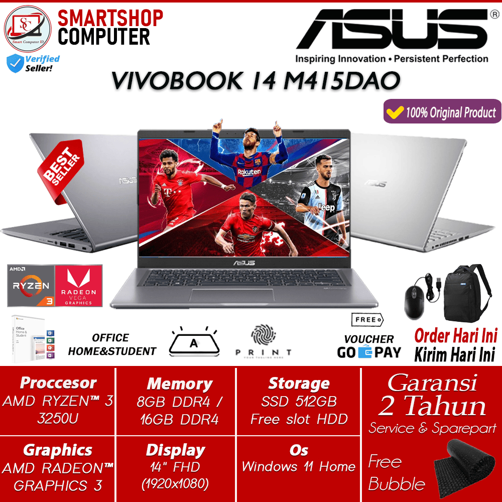 PROMO Laptop Gaming Asus Vivobook M415DAO Ryzen 3 3250U 8GB 512GB SSD Windows11 OHS Original