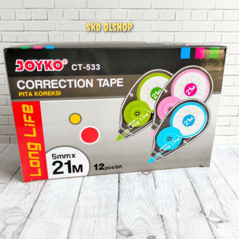 

CORRECTION TAPE JOYKO CT-533 / TIP EX 21 METER LONG LIVE / TIPEX ROLL (1 Pack 12 Pcs)