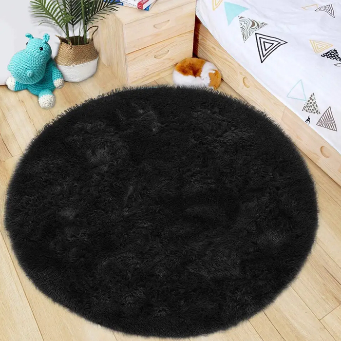 Karpet Bulu Bulat Karpet Minimalis Dekorasi Kamar Tidur Karpet Aesthetic Kamar Warna Hitam Diameter 80cm