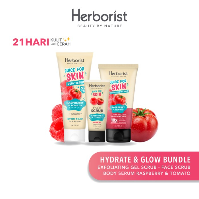 PAKET BUNDLING 3in1 Herborist ( Body Serum + Exfoliating Gel + Face Scrub ) Raspberry &amp; Tomato / Orange &amp; Carrot  /Apple &amp; Broccoli