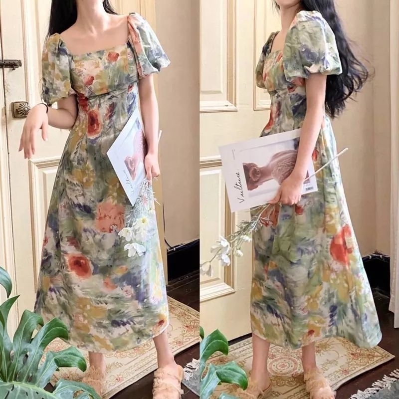 FLOWERED MIDI DRESS SUMMER MUSIM PANAS PANTAI TERUSAN KOREAN STYLE FLORAL FLOWERED BUNGA KEMBANG MOTIF VINTAGE PESTA KEBUN WARNA WARNI HIJAU LENGAN TANGAN PENDEK PUFFY KARET MELAR VARIASI RESLETING SAMPING PREMIUM POLYESTER IMPORT IMPOR