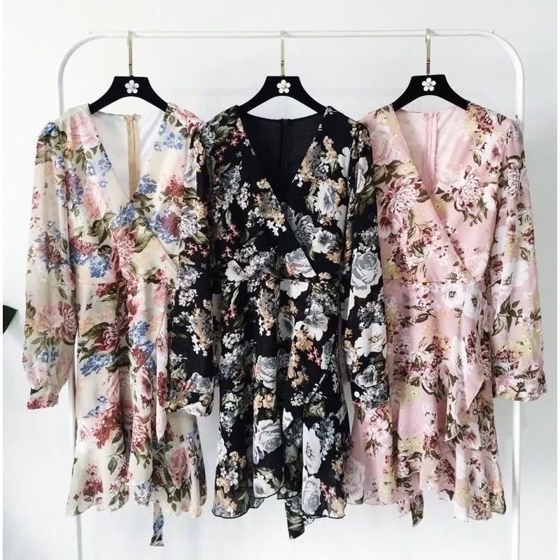 SUMMER DRESS MINI ROK PENDEK PANTAI FLORAL FLOWER FLOWERED BUNGA KEMBANG WARNA WARNI DASAR KREM CREAM KUITAS IMPOR IMPORT BLOSSOM TANGAN PANJANG LENGAN KERAH V NECK LEHER TERUSAN SET WANITA DEWASA GADIS BELIA MUDA