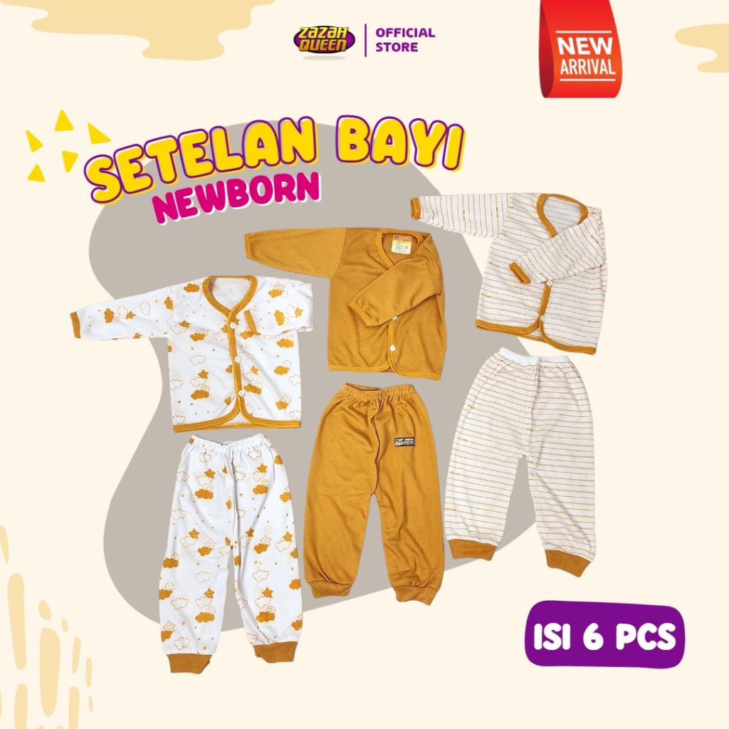 Isi 6 PCS - Baju Bayi Baru Lahir Lengan Panjang Kancing Depan Usia 0-3 Bulan