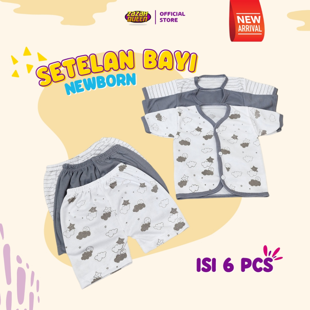 6 PCS - Baju Bayi Lengan Pendek Kancing Depan Setelan Baju Bayi Usia 0-3 Bulan