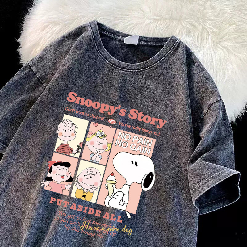 RDGF OVERSIZE WASHED T-Shirt fashion snoopy kaos wanita katun murni Hitam Mode/A0140