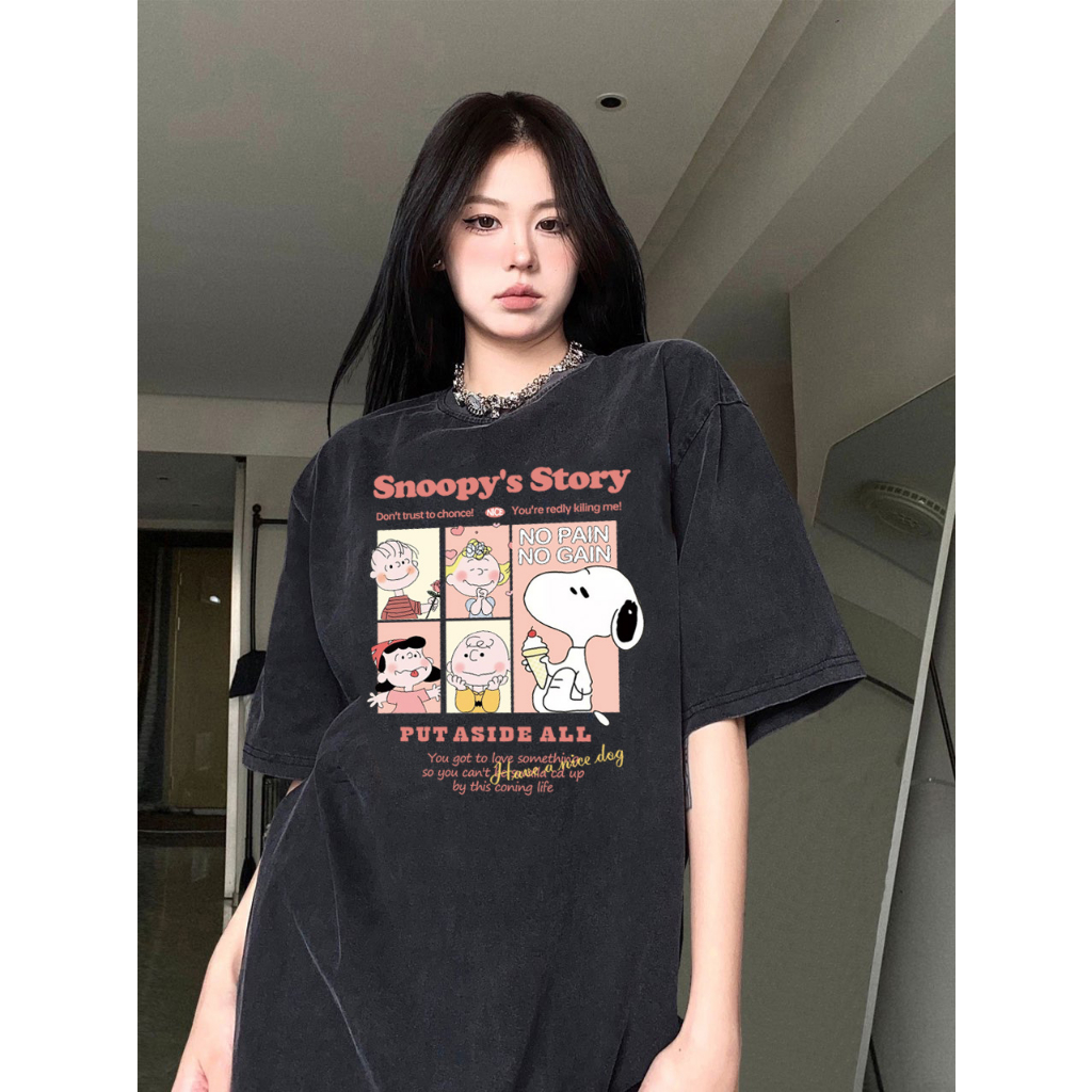 RDGF OVERSIZE WASHED T-Shirt fashion snoopy kaos wanita katun murni Hitam Mode/A0140