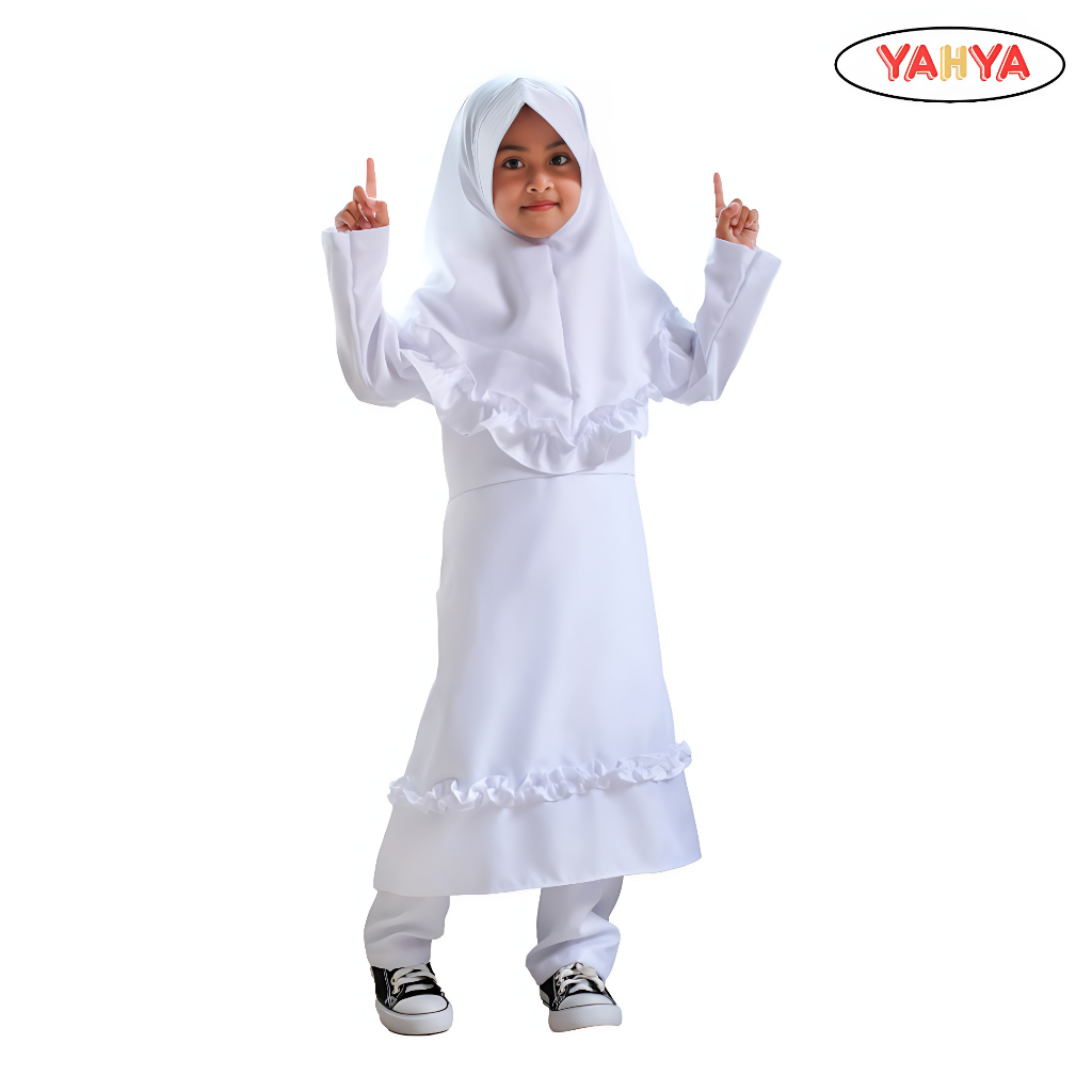 Seragam Manasik Oneset Putih Setelan Celana Anak Perempuan Tunik Baju Muslim
