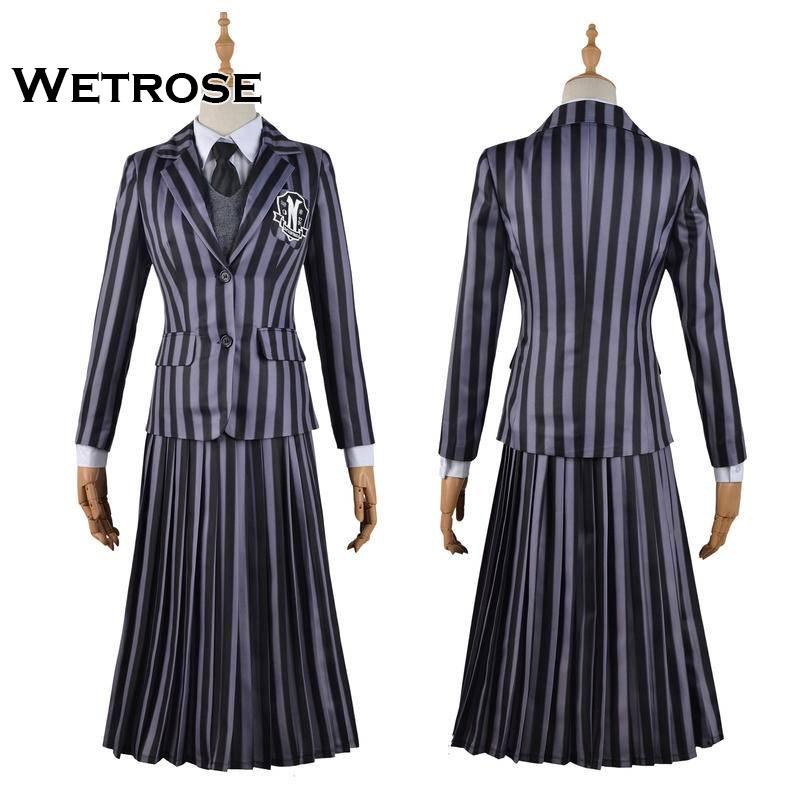 【Wetrose】 The Addams Family Coswear Wednesday Adams Hitam Print Dress Cosplay Seragam Sekolah Halloween