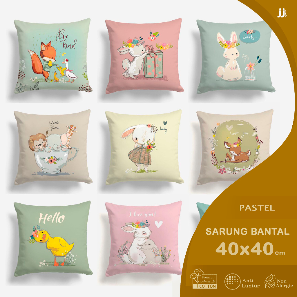 SARUNG BANTAL SOFA PRINT 40X40 CM MOTIF LOVELY PASTEL BUNNY FOX DUCK