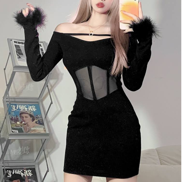 【AMY J】Long Sleeve Off Shoulder Furry Trim Mesh Panel Mini Bodycon Dress 7573