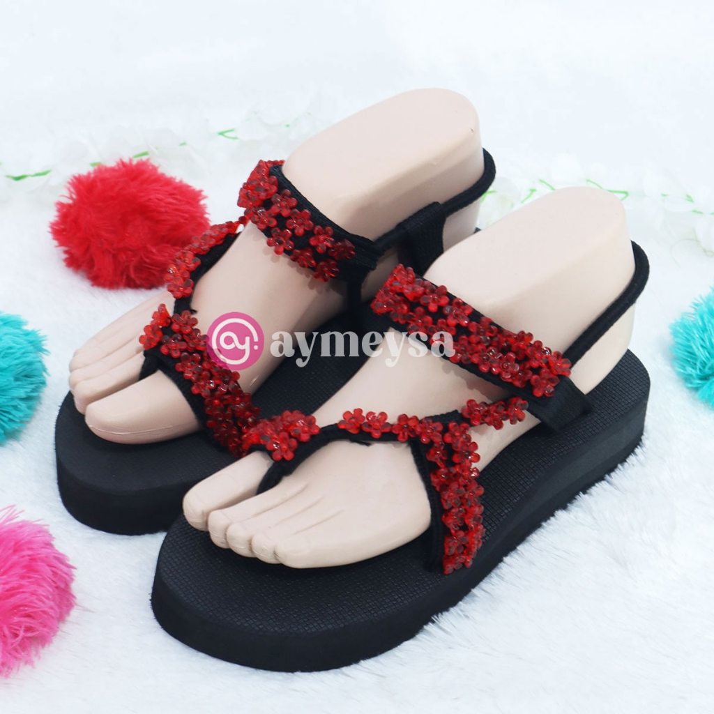 BERDY (Beads Sandal - Sandal Mote/Manik Sakura Wanita) Tinggi 3cm Sendal Wanita Tali Manik Mote Sandal Tali Unik dan Elegant Terbaru 2023