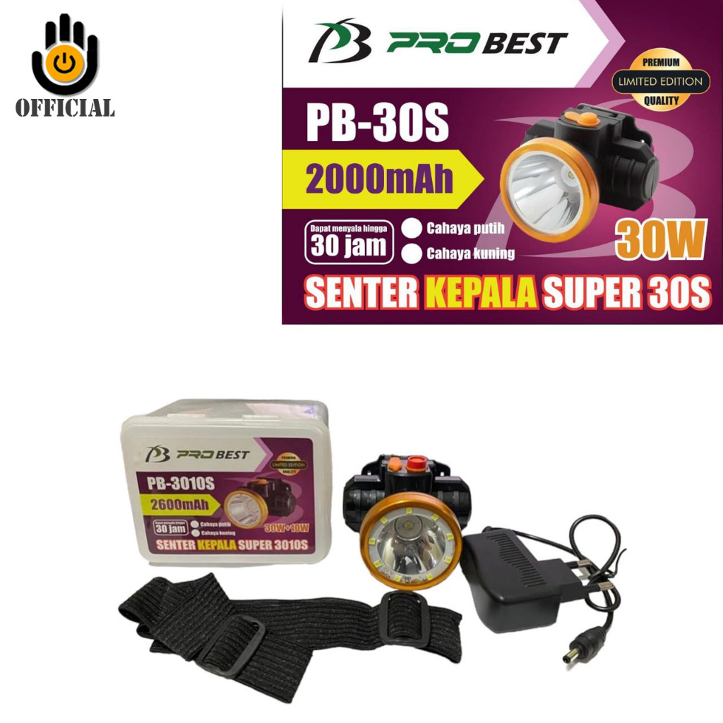 Senter Kepala PROBEST  Headlamp LED 30Watt PB-3010S Senter Kepala Rechargeable Senter Outdoor