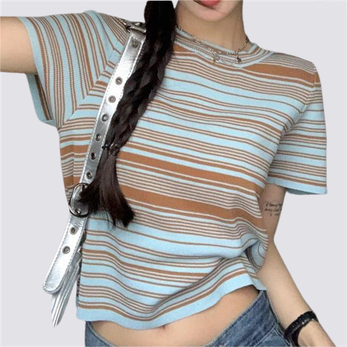 XIAOZHAINV Korean Style Knit Colorful Stripe Kaos Atasan Wanita 0800