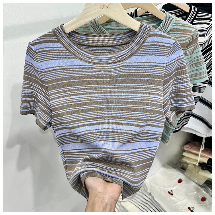 XIAOZHAINV Korean Style Knit Colorful Stripe Kaos Atasan Wanita 0800