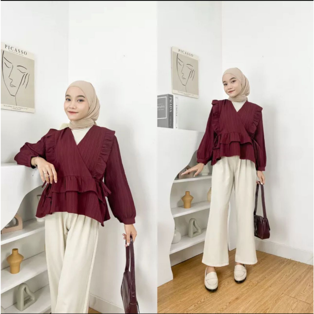 Sani Blouse Lady Crush Atasan Wanita Semi Outer Kerah Vneck Lengan Panjang Korean Style OOTD Remaja Kekinian