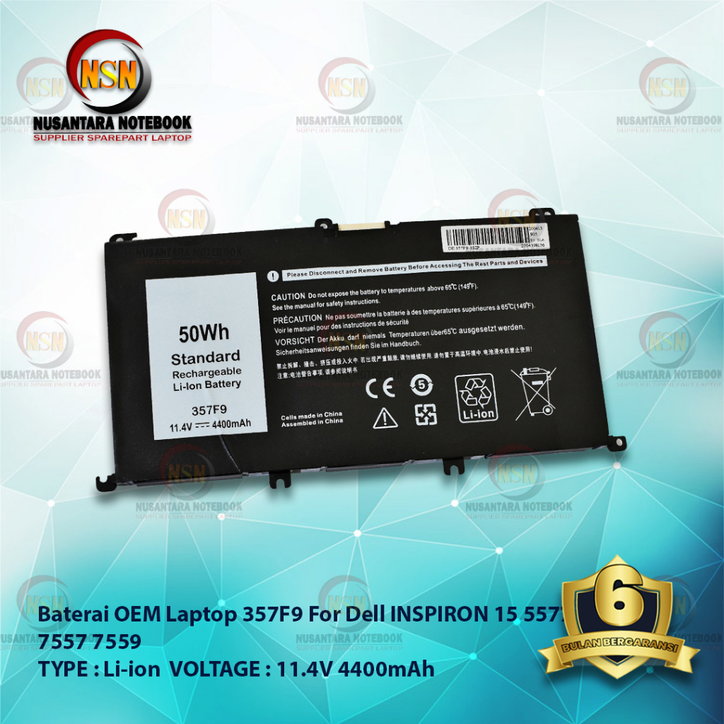 Baterai Dell OEM Inspiron 15 5577 7557 7559 357F9 11.4V 50WH 4400mAh