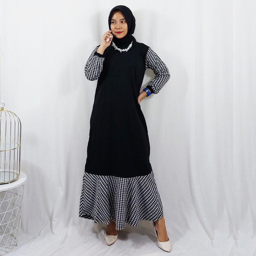 CARLINA DRESS WANITA GAMIS SYARI HITAM MIX KOTAK