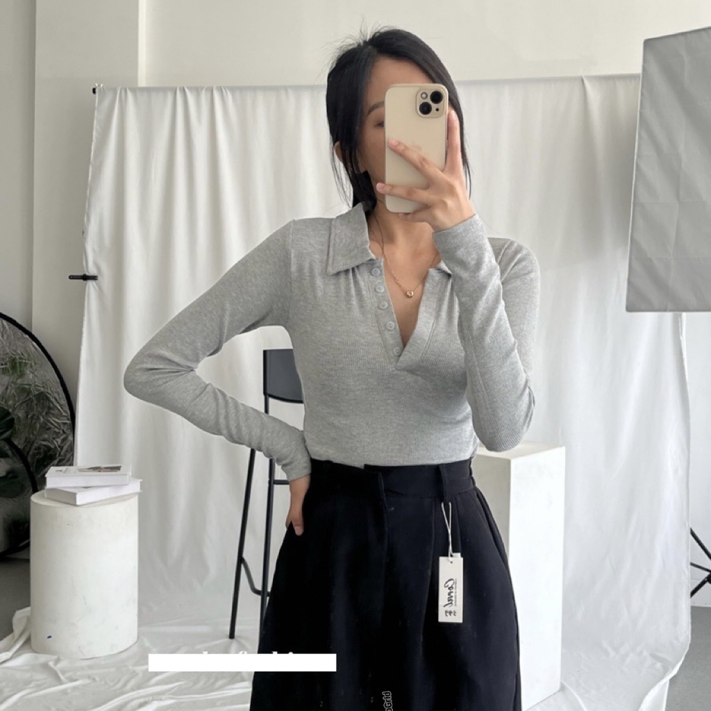 TRIVELA Calliope Top 2148 - Kaos Polo Knit - Kaos Lengan Panjang - Tara 039 NKD - Kaos Wanita Long Sleeves