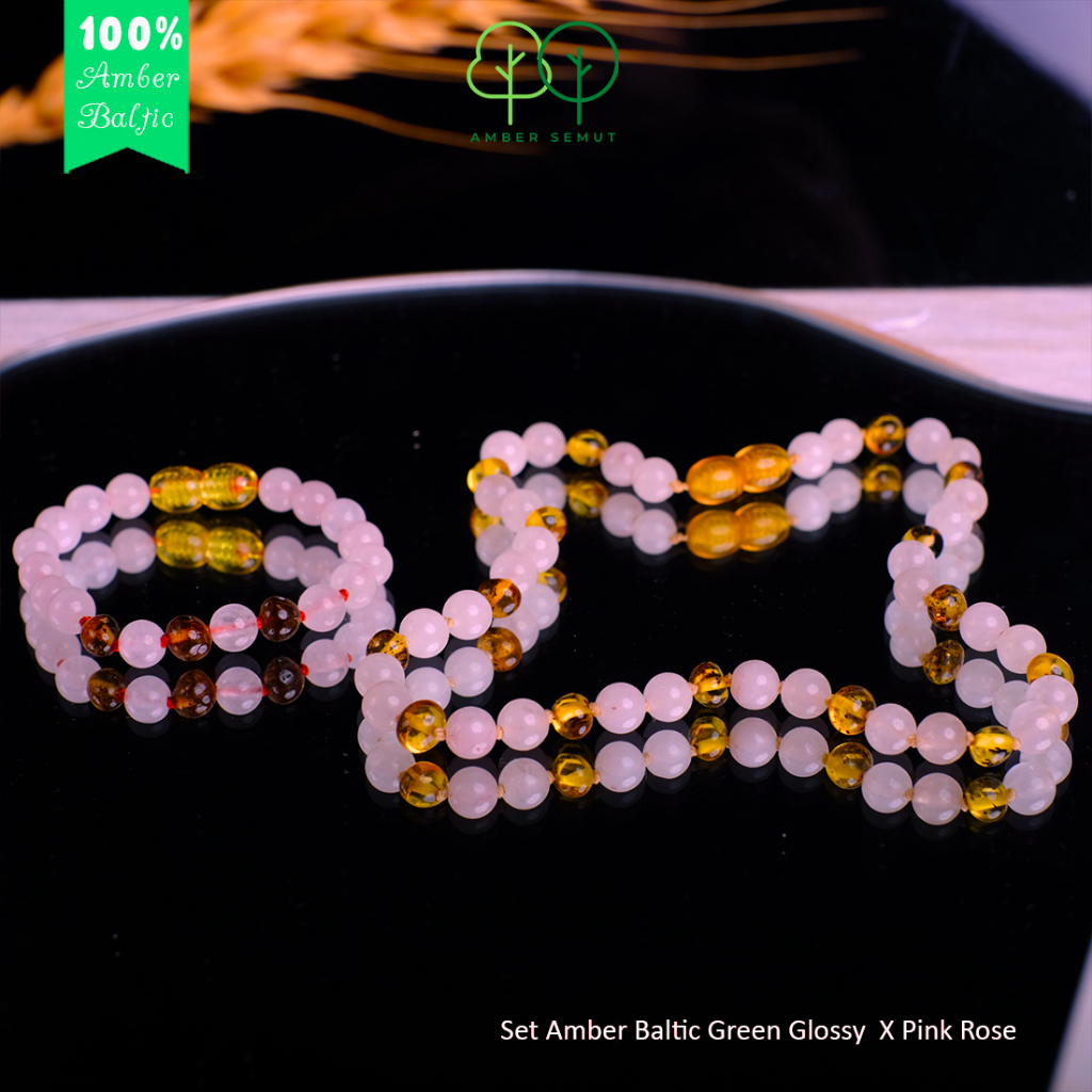 PROMO FREE GELANG - Kalung Amber Baltic Green Glossy X Rose Quartz by AMBER SEMUT