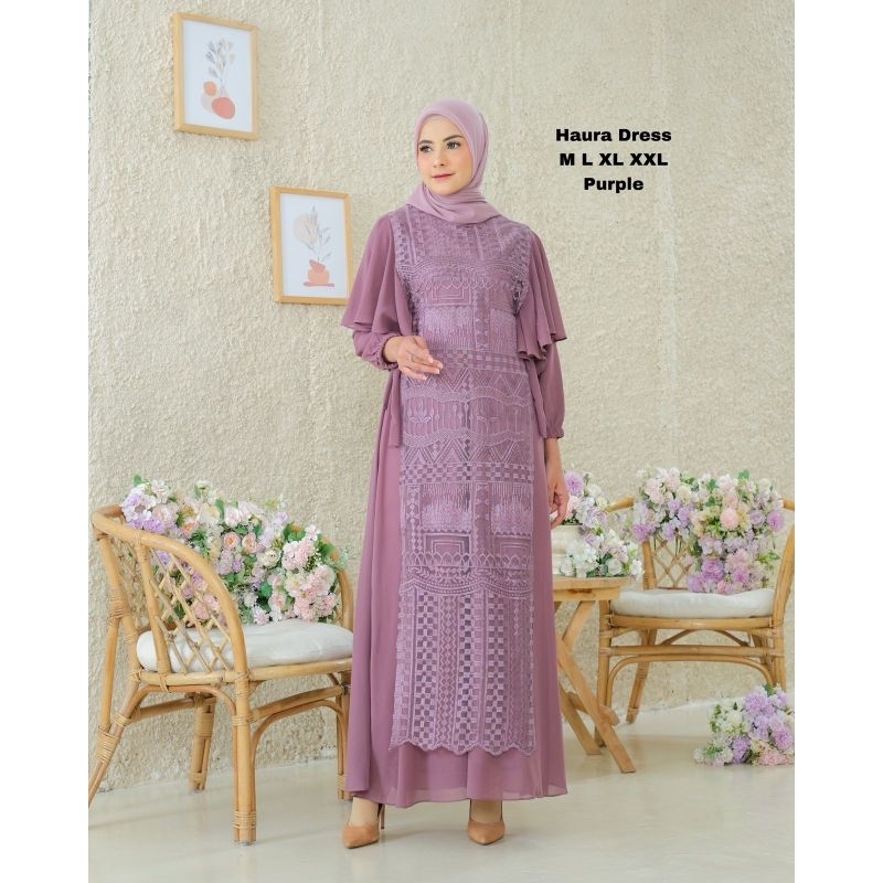 Gamis haura brokat tile sapto bordir timbul batu payet mutiara // Dress pesta kondangan wanita musli