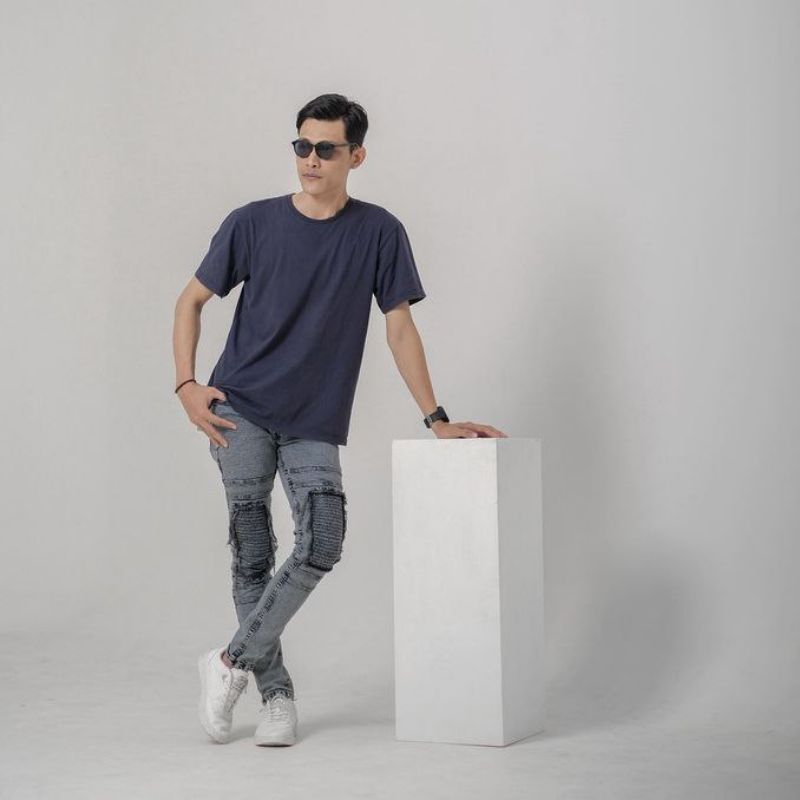 Celana Jeans Biker Riders Pria Skinny Jeans Panjang Polos Sobek Popol