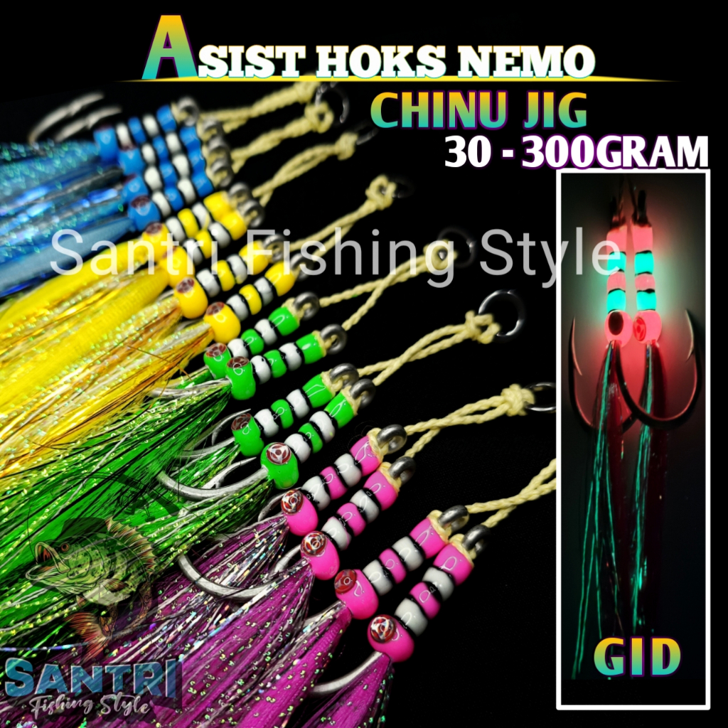 Asist hok Chinu jig LIGT JIG asist hok jigging 30-300GRAM Assist hok metal jig assist hok jigging asist hok fosfor gid menyala dalam gelap LIGHT JIGGING kial jig kail metaljig