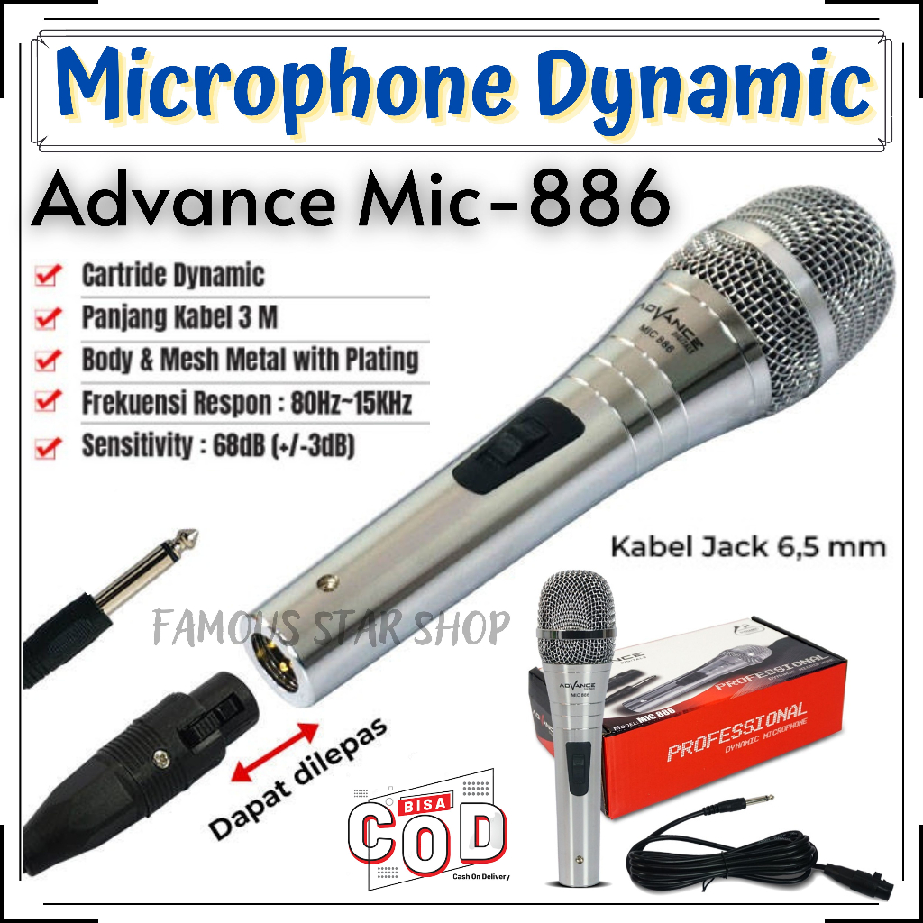 Advance Mic karaoke Mic-886 Mic kabel suara jernih Microphone karaoke / kabel jack 6.5mm | Mic Kabel Bodi Besi Silver Jack Besar 6.5mm Karaoke Panjang ADVANCE MIC-886 | FMS