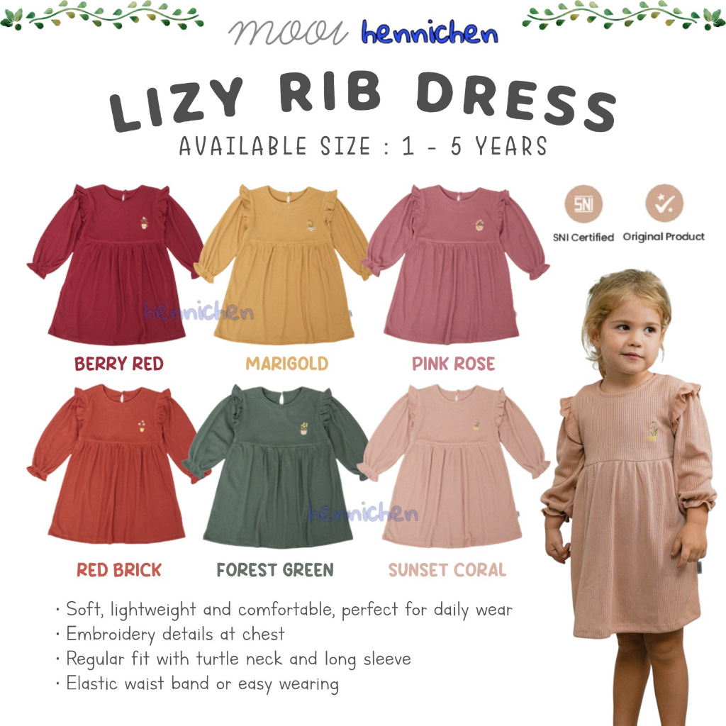 Mooi Lizy Rib Long Dress 1-5 Tahun Dress Panjang Reeb Ruffle Bordir Anak Perempuan