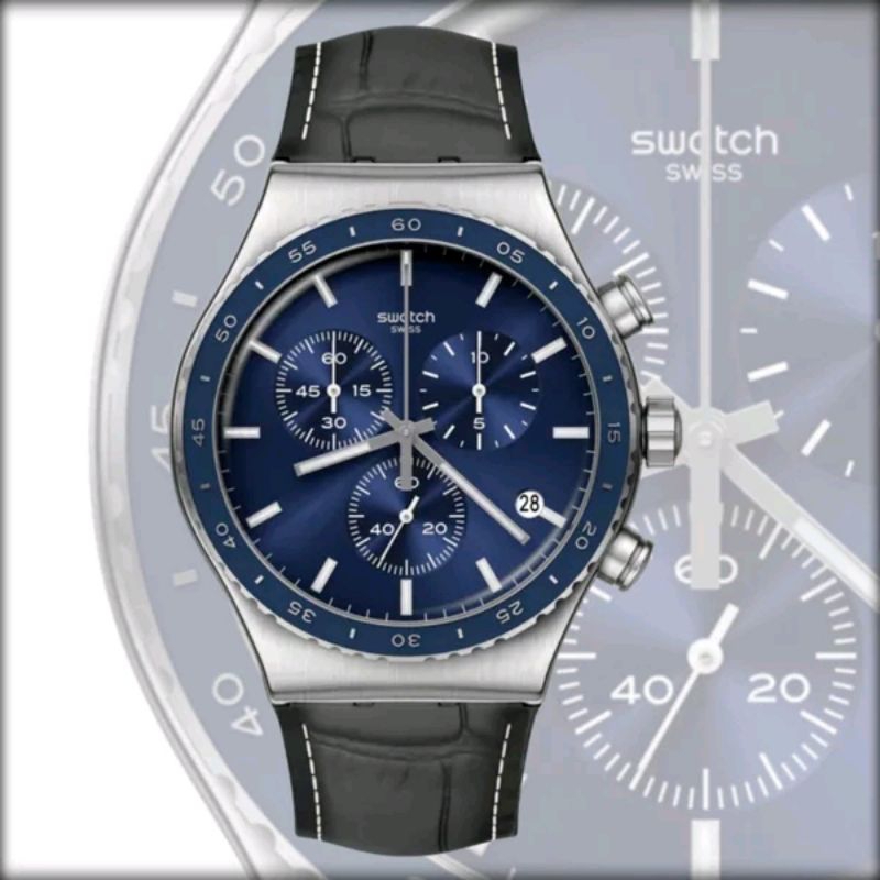 SWATCH COBALT LAGOON Original Jam Tangan Analog Pria Kulit Hitam Silver Biru Casual CHRONOGRAPH Swis