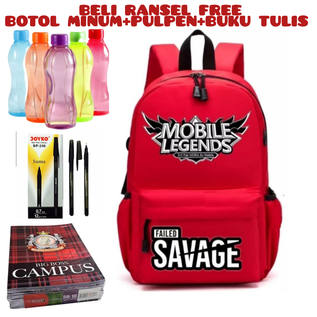 JS_ Beli 1 Dapat 4-Tas Sekolah MOBILE LEGENDS Anak Laki-Laki Anak Perempuan Backpack Sekolah Anak TK SD Beli Ransel Free Botol Minum+Pulpen+Buku Tulis