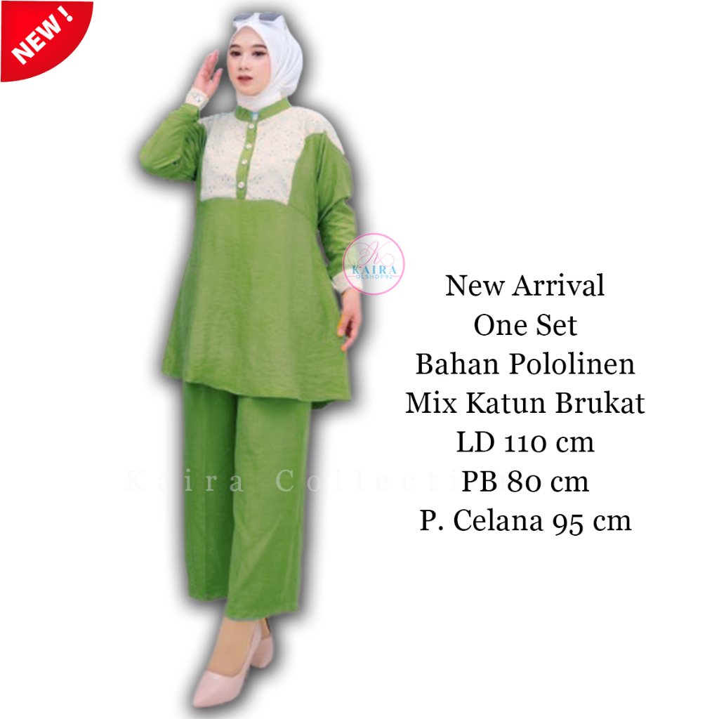 Baju One Set Setelan Atasan dan Bawahan Celana Wanita Muslimah Bahan Polo Linen Mix Katun Brukat  Busui Terbaru Kekinian kode 02