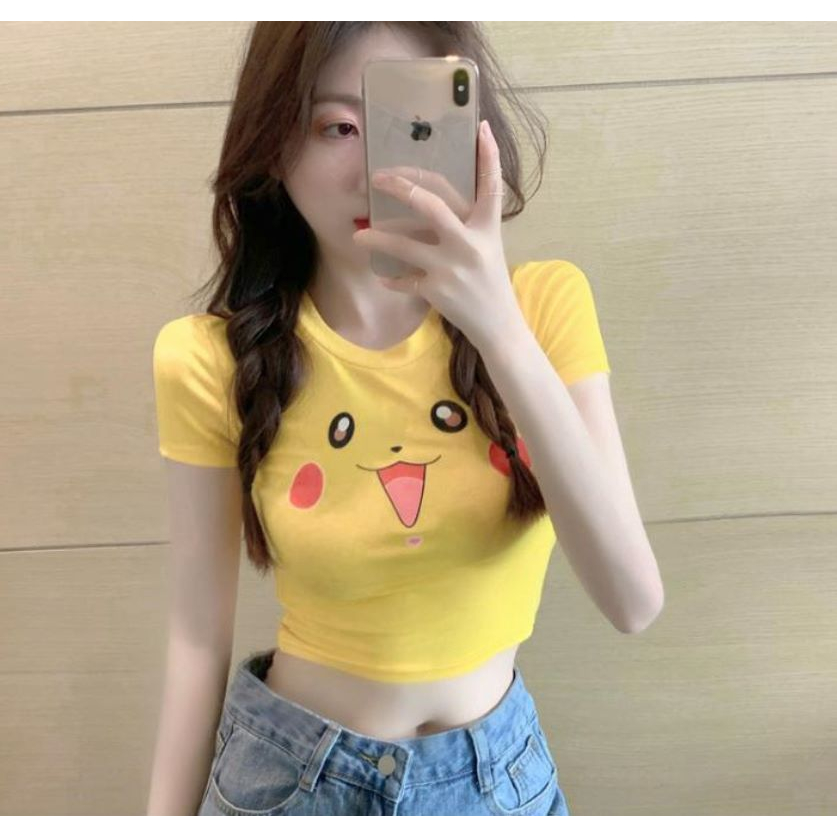 【MISSHONEY】Women Tshirt Pokemon Yellow Crop Top Lengan Pendek 2175