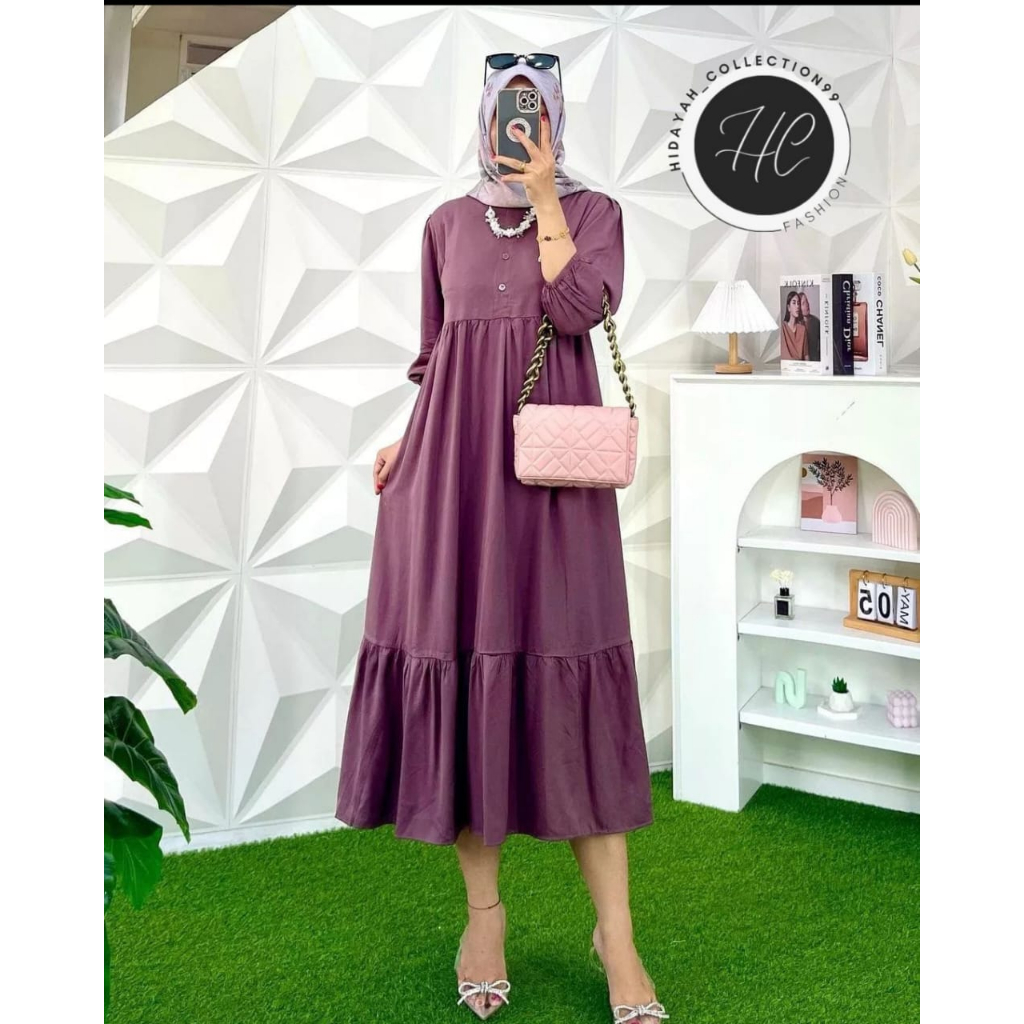 Midi Dress Wanita Import Fashion Wanita Muslim Terbaru 2023 Midi Dress Wanita Kekinian Long Tunik Bahan Polo Linen Aoutfit Casual Wanita Korean Style SIze Jumbo Dress Midi Trend Model Polos