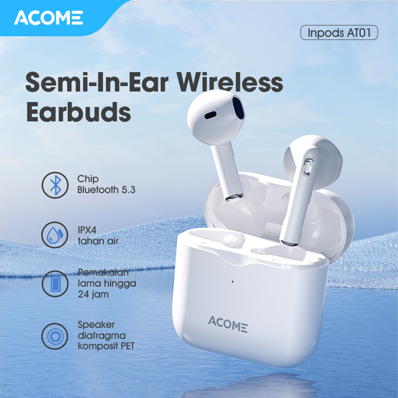 Acome Headset Earphone TWS Bluetooth 5.3 IPX4 Waterproof 3 Gram Ultra Light Inpods AT01 Garansi Resmi 1 Tahun