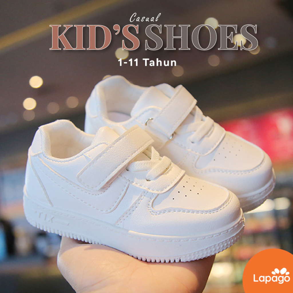 LAPAGO - Sepatu Sneaker Casual Anak Laki Laki Perempuan Putih Import Usia 1 - 11 Tahun Type MEM