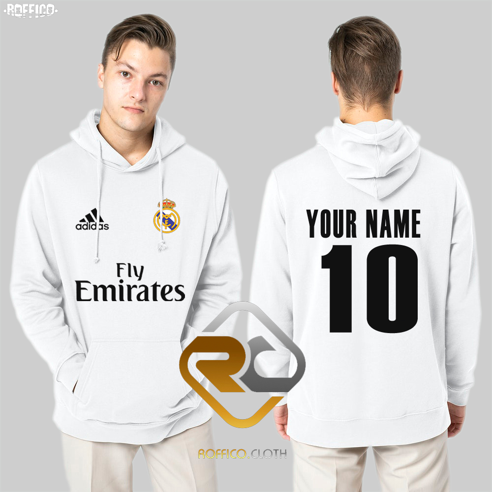 Jaket Hoodie Sweater real madrid fly emirates BISA Custom Nama Dan Nomor