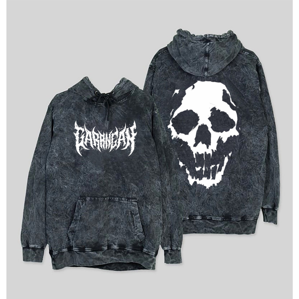 hoodie pria Black SandWash - Hoodie Pria Font Metal gambar Tengkorak