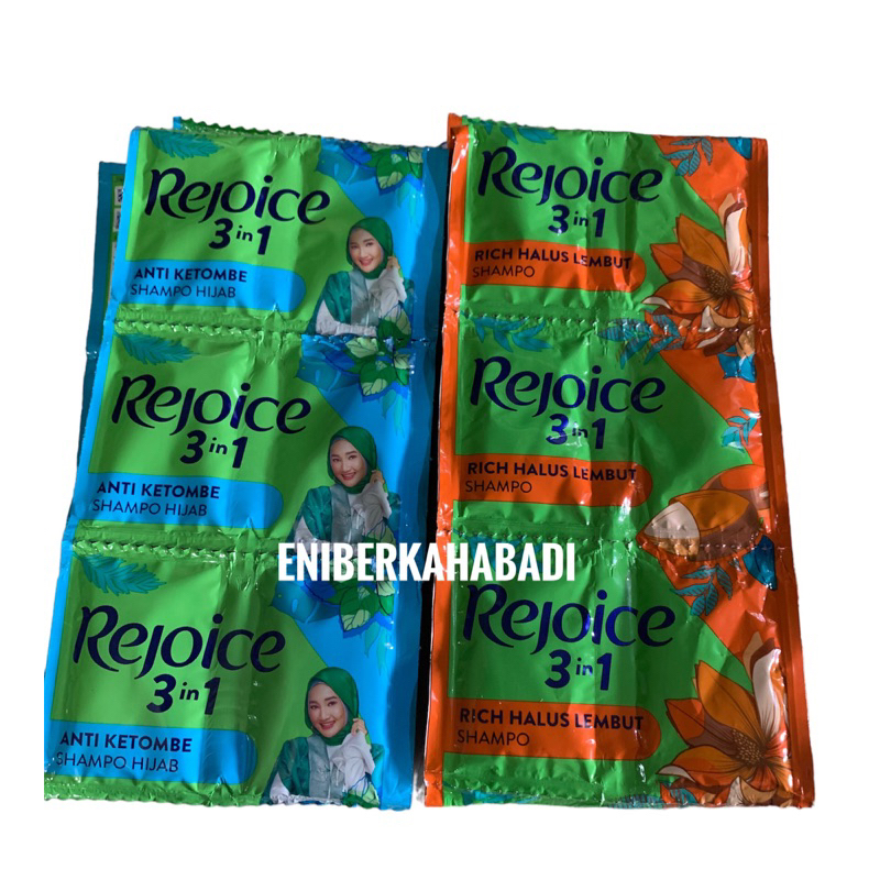 Rejoice 3 in 1 Rich Halus Lembut/Korean Rose/ Anti Ketombe Sampo Hijab 1 renceng isi 12 sachet x 10 