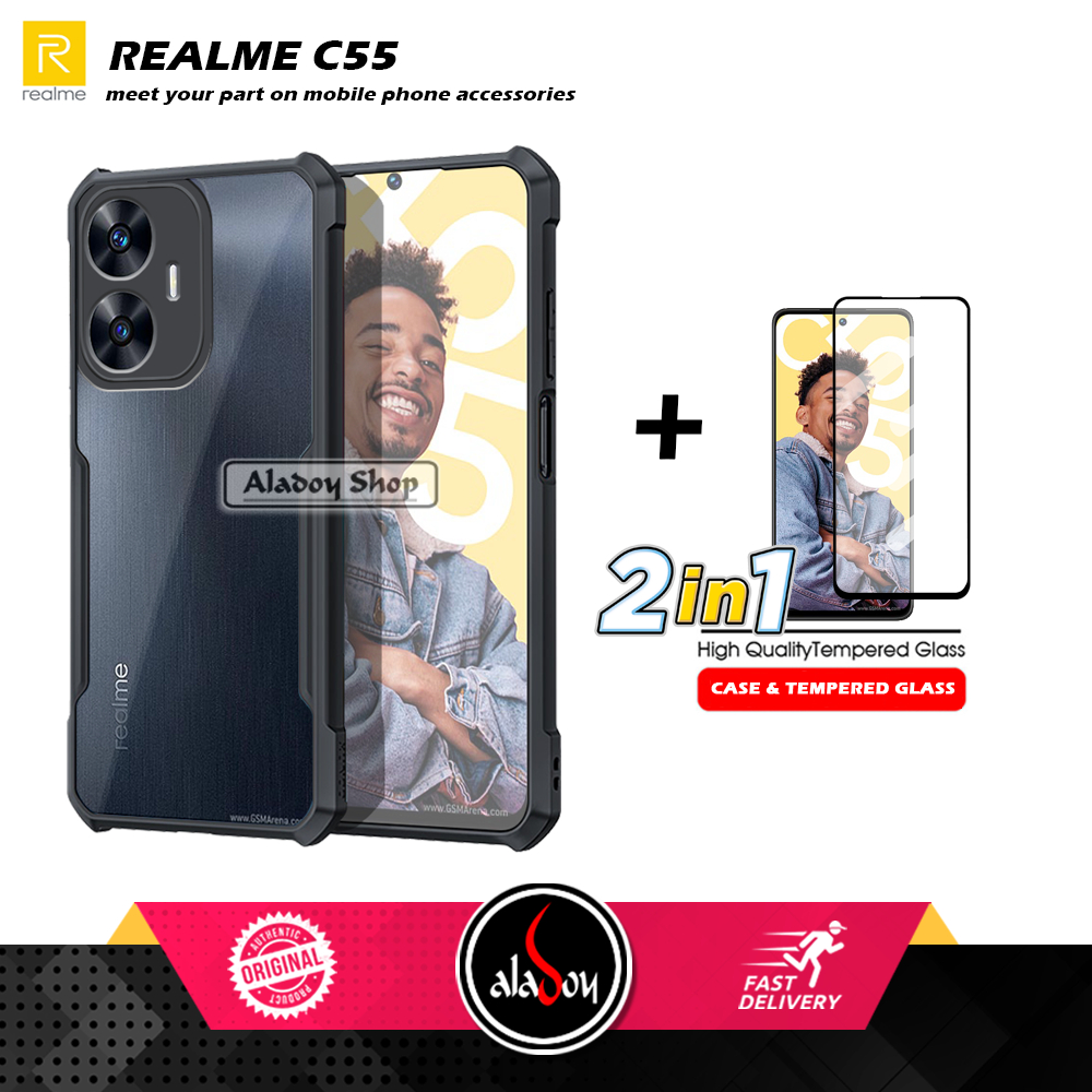 Case Realme C55 Armor Shockproof Transparent Premium Casing + Tempered Glass Full Layar
