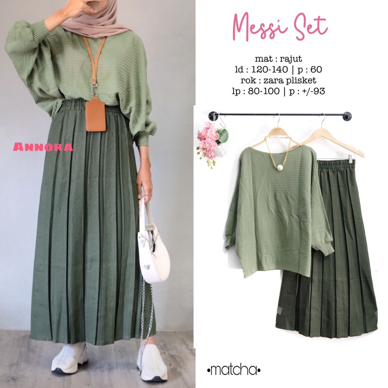 MESSI SET BY ANNORA | ONESET SETROK SETELAN CASUAL WANITA BLOUSE BATWING RAJUT DAN ROK ZARA PLISKET 
