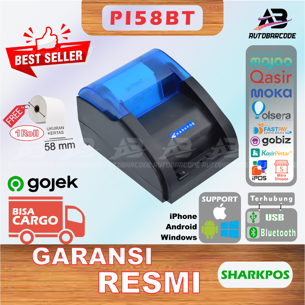 Printer Bluetooth Thermal 58mm Sharkpos PI58BT RPP02N RJ11 PI 58BT USB