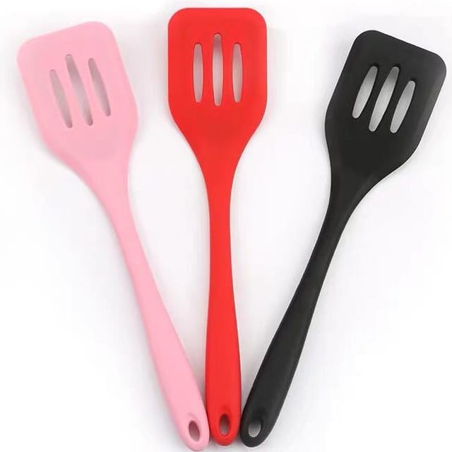 Sutil Silikon Kayu Stainless Steel Tahan Panas Spatula Silicone Anti Lengket Food Grade / Sutil Siliko Lubang Tahan Panas TERMURAH TERLARIS