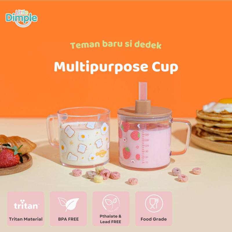 Little Dimple Multipurpose Cup MILK CUP Gelas Tritan Latihan Minum Bayi MPASI Gelas Susu Bayi + UKUR Takaran + Sedotan 6M+ 240ml