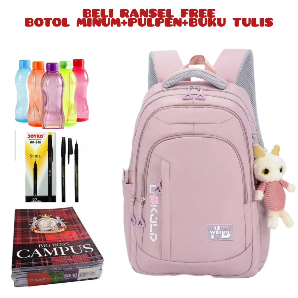 DT123_Beli 1 Dapat 4 - Tas Sekolah Anak-anak Tahan Air Ransel Ortopedi Remaja Perempuan Tas Buku Anak-anak Ransel Sekolah Dasar Tas Sekolah Mochilas_Beli Ransel Free Botol Minum+Pulpen+Buku Tulis