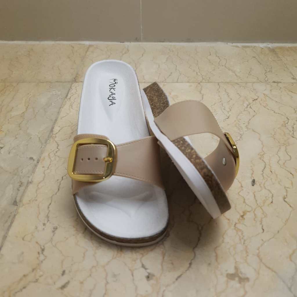 Sandal Slop Karet Birken Wanita Putih Kombinasi Ban 1 Gesper Kotak MKY J2213 36-41
